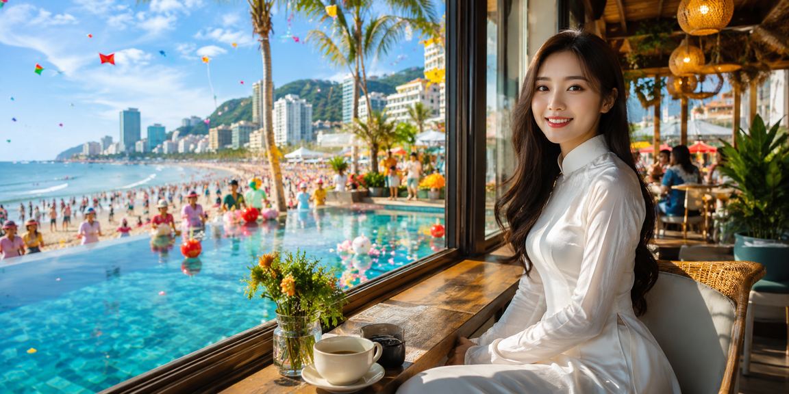 Phụ nữ Việt Nam mặc áo dài sử dụng điện thoại để tham gia casino trực tuyến tại Vũng Tàu