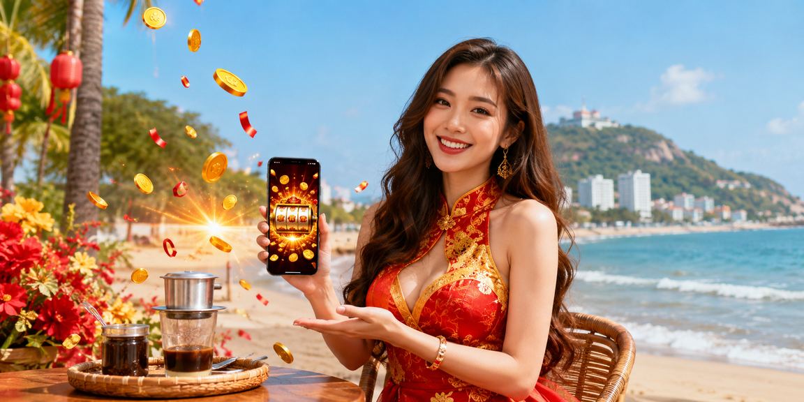 Người dùng Vũng Tàu chơi slot game trên điện thoại bên ly cà phê